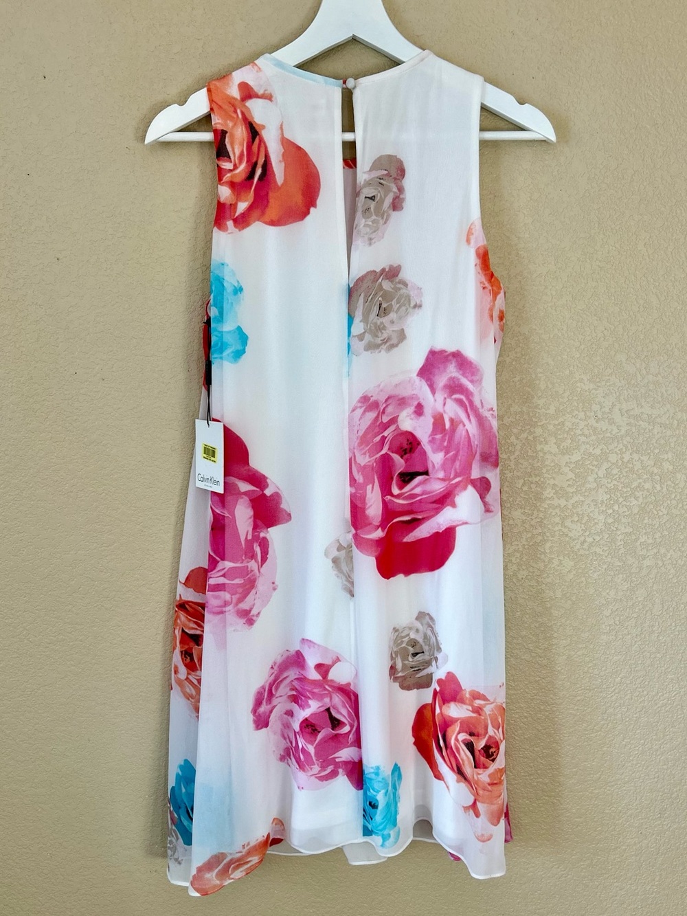 NWT Calvin Klein White Knee-Length Chiffon Lined Dress Multicolor Rose Print 6 - Picture 5 of 10